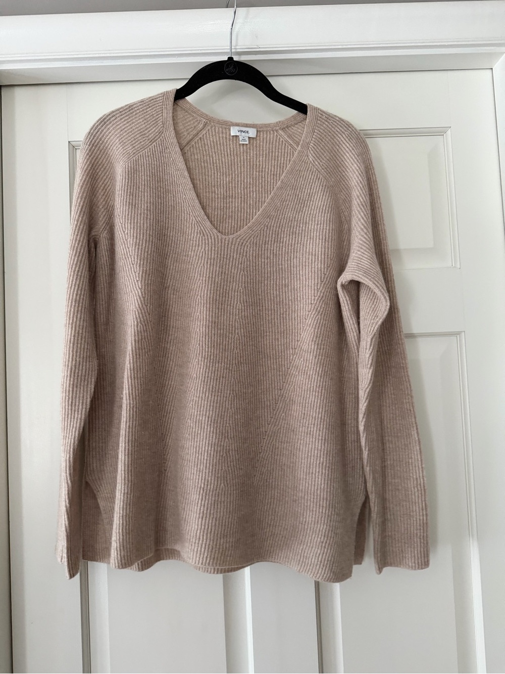Vince Ribbed V-Neck Sweater in Light Taupe